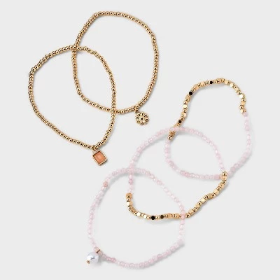 Beaded Stretch Charm Bracelet w Semi Precious Rose Quartz Set 5pc - Universal Thread™ Gold/Pink 4 Beaded Stretch Charm Bracelet w Semi Precious Rose Quartz Set 5pc - Universal Thread™ Gold/Pink - Image 2