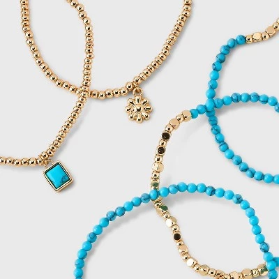 Beaded Stretch Charm Bracelet Set w Semi Precious Turquoise Set 5pc - Universal Thread™ Gold/Turquoise 5 Beaded Stretch Charm Bracelet Set w Semi Precious Turquoise Set 5pc - Universal Thread™ Gold/Turquoise - Image 3