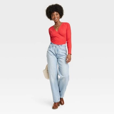 Women's Slim Fit Long Sleeve V-Neck Wrap Shirt - Universal Thread™ Red 4 Women's Slim Fit Long Sleeve V-Neck Wrap Shirt - Universal Thread™ Red - Image 2