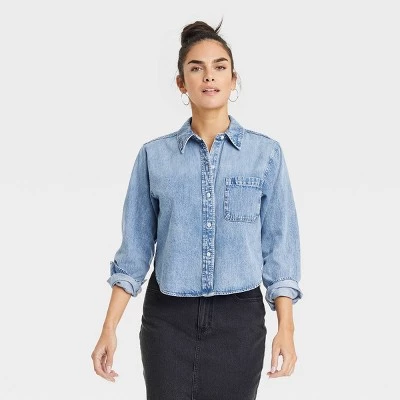 Women's Long Sleeve Collared Cropped Button-Down Shirt - Universal Thread™ Indigo 9 Women's Long Sleeve Collared Cropped Button-Down Shirt - Universal Thread™ Indigo - Image 7