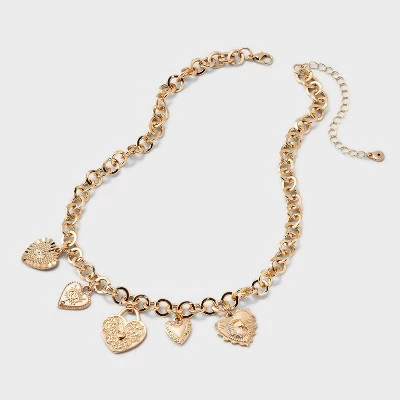 Assorted Metal Heart Charms and Necklace - Universal Thread™ Gold 4 Assorted Metal Heart Charms and Necklace - Universal Thread™ Gold - Image 2