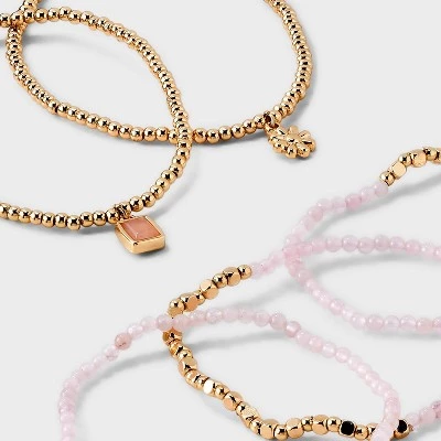 Beaded Stretch Charm Bracelet w Semi Precious Rose Quartz Set 5pc - Universal Thread™ Gold/Pink 5 Beaded Stretch Charm Bracelet w Semi Precious Rose Quartz Set 5pc - Universal Thread™ Gold/Pink - Image 3