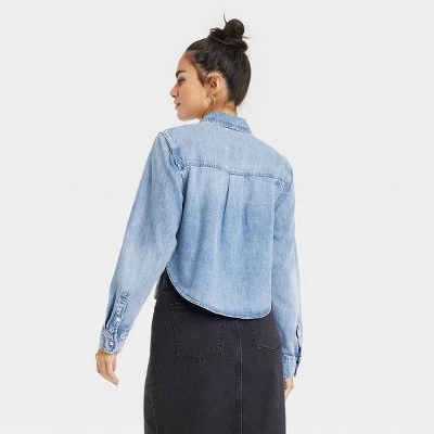 Women's Long Sleeve Collared Cropped Button-Down Shirt - Universal Thread™ Indigo 3 Women's Long Sleeve Collared Cropped Button-Down Shirt - Universal Thread™ Indigo