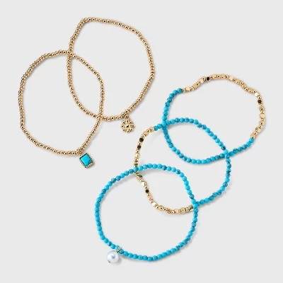 Beaded Stretch Charm Bracelet Set w Semi Precious Turquoise Set 5pc - Universal Thread™ Gold/Turquoise 4 Beaded Stretch Charm Bracelet Set w Semi Precious Turquoise Set 5pc - Universal Thread™ Gold/Turquoise - Image 2