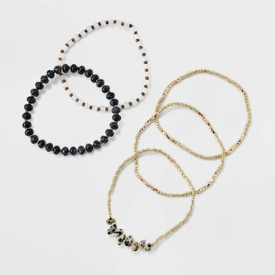 Mixed Semi-Precious Black Howlite Cylinder Beaded Bracelet Set 5pc - Universal Thread™ Gold/Black 4 Mixed Semi-Precious Black Howlite Cylinder Beaded Bracelet Set 5pc - Universal Thread™ Gold/Black - Image 2